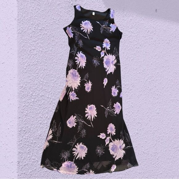 90s vintage black midi dress with large floral print chiffon - Picture 5 of 10